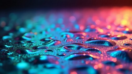 Poster - Close-up shot of water droplets reflecting vibrant blue and orange light