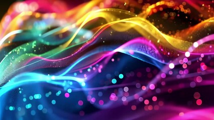 Fototapete - Vibrant waves of shimmering light in hues of blue, purple, and gold ripple across a dark background, creating a captivating and dynamic visual experience.