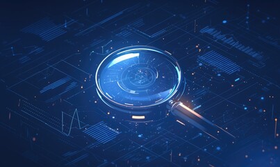 Poster - Illuminated Magnifying Glass over Blue Circuit Board Data Analysis in Digital Cyber Security Network