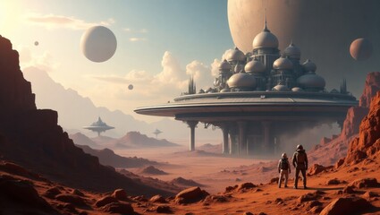 Poster - a futuristic cityscape on an alien planet. The scene depicts a unique architectural marvel and landscape, under a vibrant sky, with couple. The landscape has red-toned rocky formations