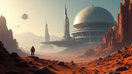 Poster - a lone figure stands on a red planet, gazing towards futuristic buildings