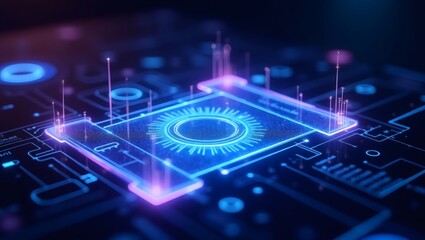 Aufkleber - a futuristic motherboard with glowing digital circuits. The central processor glows with an ethereal blue light