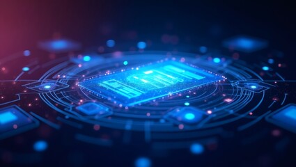 Aufkleber - a neon blue computer microchip and circuits in a tech setting. The digital illustration symbolizes innovation, technology and computing
