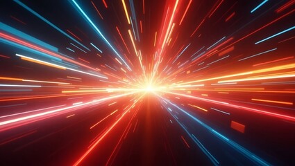 Aufkleber - Vibrant light streaks emanating from a central point, creating a dynamic visual effect of high speed and energy. The streaks are primarily in red, blue, and orange hues