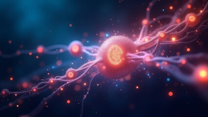 Poster - a detailed, vibrant illustration of neuron structure and neural networks with glowing lights 