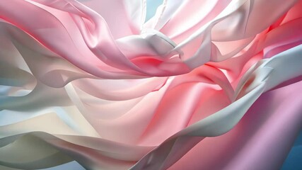 Poster - Soft, translucent fabrics in pink and white gracefully flow through the air, creating an elegant and soothing visual effect in a tranquil environment.