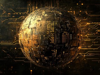 Poster - High-tech sphere of pulsing energy circuits futuristic environment digital art abstract concept