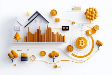 Poster - Digital representation of cryptocurrency market trends featuring Bitcoin symbols and stylized financial graphics. Orange and white setting highlights emerging digital economy