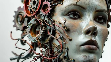 Poster - This artwork features a humanoid figure adorned with mechanical gears and wires, symbolizing the fusion of organic and artificial intelligence in a futuristic design.