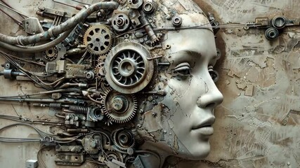 Poster - A human-like face crafted from intricate mechanical parts and gears illustrates the blend of technology and creativity in a unique art installation.