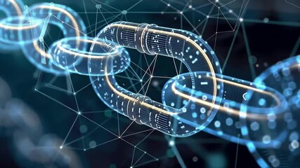 Poster - A vibrant depiction of digital chain links symbolizing blockchain technology, illuminated with glowing effects and set against a backdrop of interconnected nodes in a virtual space.