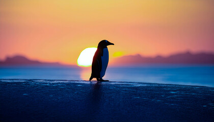 Poster - Silhouette of a penguin standing at sunset against a colorful horizon by the sea