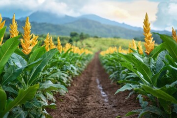 Aufkleber - Bright green turmeric plantation with blooming flowers and rich earthy tones under a soft sky in the early morning