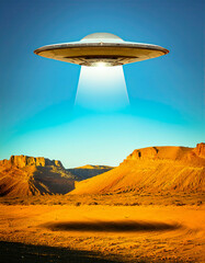 Poster - Moonlit UFO hovers above desert landscape casting an eerie shadow on golden sands