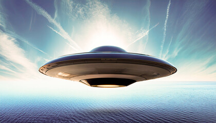 Poster - Floating UFO silhouetted against a vibrant sky over the tranquil ocean at dusk