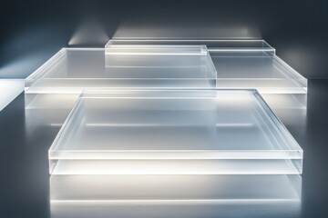Fototapete - Floating transparent glass panels create a futuristic, high-end minimalist aesthetic with soft glowing edges