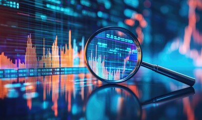 Poster - Magnifying Glass Focused on Stock Market Data with Blue and Red Color Scheme Reflective Surface and Blurred Background