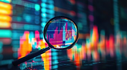 Poster - Magnifying Glass Focusing On Stock Market Data Displayed On Screen In Blue and Red Colors Representing Financial Analysis and Investments