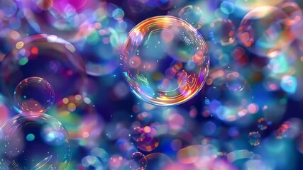 Poster - Bright soap bubbles drift gracefully against a colorful, shimmering backdrop of lights and soft hues, creating an enchanting and whimsical atmosphere.