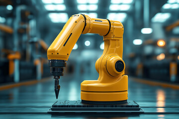 Aufkleber - A sleek, yellow robotic arm stands ready for precision tasks in a modern industrial setting, showcasing advanced technology and automation.