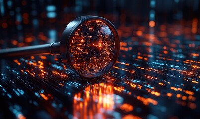 Poster - Magnifying Glass over Digital Data Surface in Orange and Blue Lights for Data Analysis and Cyber Security Concept