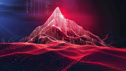 Poster - A striking digital landscape features a glowing red mountain surrounded by intricate data patterns, creating a captivating contrast against the dark night sky.