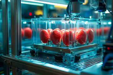 Poster - Robotic system operates with red objects encapsulated in glass casing. Advanced technology setting with illuminated machinery. Concept of automation, manufacturing, innovation