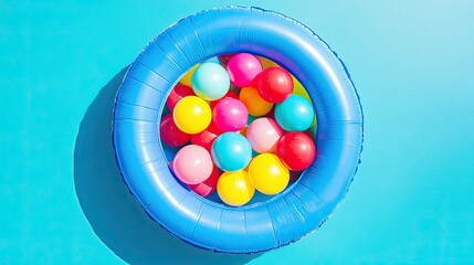 Poster - A vibrant mix of red, yellow, blue, and green plastic balls tightly packed inside a small inflatable pool.