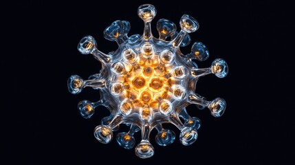Leinwandbilder - Detailed 3D rendering of adeno-associated virus in glowing biofluid showcasing intricate viral structure and protein subunits