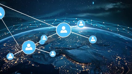 Poster - A stunning nighttime perspective of the Earth, showcasing a network of interconnected lights representing global data connections over Europe and Asia.