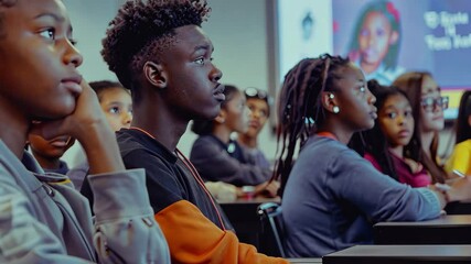Poster - A group of diverse students is engaged in a classroom presentation, focusing intently on the speaker while seated at their desks in a modern educational setting.