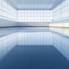 Poster - A Light-Filled Ice Rink: An expansive indoor ice rink bathed in natural light from large windows and reflecting on the blue ice surface.
