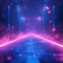 Poster - Cybernetic Pathway: A Futuristic Corridor Illuminated by Neon Glows and Digital Particles, Leading to an Unknown Destination.