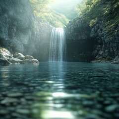 Poster - Enchanting Waterfall Cascade: Serene Waters Meet Rock Formations in a Lush Green Forest Landscape