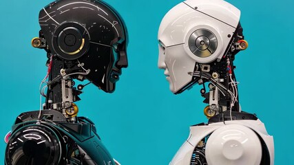 Poster - Two humanoid robots stand opposite each other, displaying intricate wiring and mechanical features, symbolizing advancements in robotics and technology.