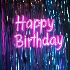 Aufkleber - Happy Birthday Neon Sign with Shimmering Metallic Streamer Backdrop, Birthday Celebration Decor