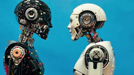 Poster - Two humanoid robots stand face-to-face, one black and one white, against a vibrant blue backdrop, highlighting their intricate designs and cutting-edge technology.