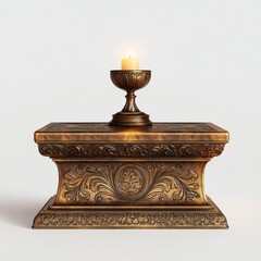 Poster - Ornate Altar with Glowing Candle: A Study in Classical Bronze and Luminescence against a White Background.