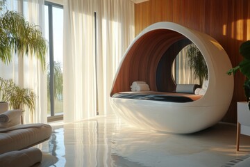 Poster - Modern wellness space featuring a unique relaxation pod and abundant natural light
