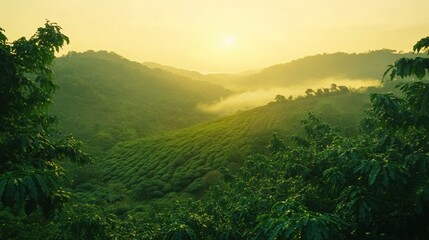 Aufkleber - Breathtaking panoramic view of lush green coffee plantations at sunrise with early morning mist over rolling hills