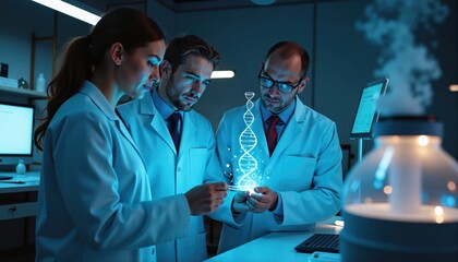Wall Mural - scientists examining dna strand in lab, biotech concept. woman, man, adult researchers in white coat