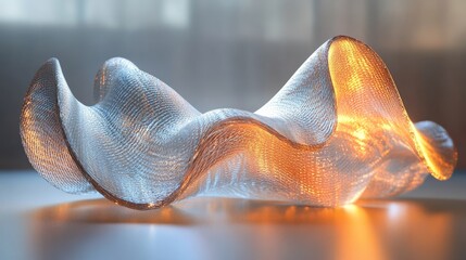 Fototapete - A 3D holographic rendering of a wavy, organic abstract shape, with shimmering, metallic colors flowing and reflecting light in a dynamic background
