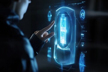 Aufkleber - Person interacts with holographic interface for online purchasing, using modern smart technology in a futuristic setting