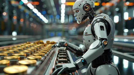 Poster - A robotic arm is meticulously sorting through piles of gold coins on an assembly line, highlighting advanced automation in a manufacturing setting.