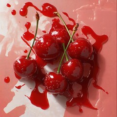 Poster - Overhead Shot Of Ripe Cherries And Red Juice Against A Textured Red Background