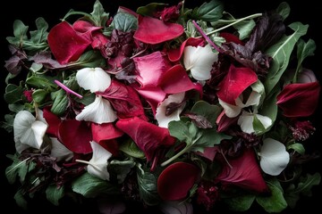 Poster - Overhead View Of Colorful Salad With Red And Green Leaves On Dark Background Fresh Ingredients Texture