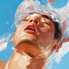 Poster - Close Up Of A Man's Face With Wet Skin And Transparent Material Against A Bright Blue Background