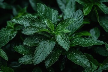 Aufkleber - Close Up Of Vibrant Green Mint Leaves With Water Droplets Under Natural Lighting
