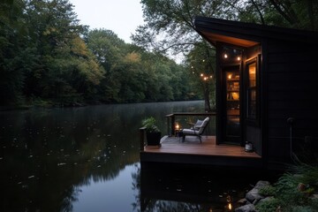 Poster - Cozy Lakeside Cabin At Dusk With String Lights Illuminated Wooden Deck And Relaxing Chair Surrounded By Trees And Water