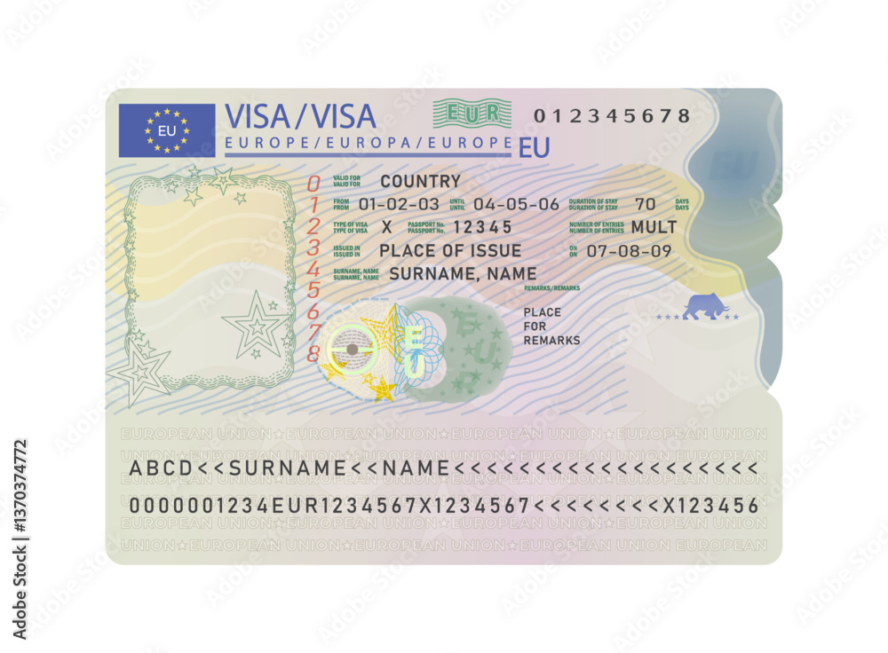 Europe tourist schengen visa sticker template isolated on a white ...